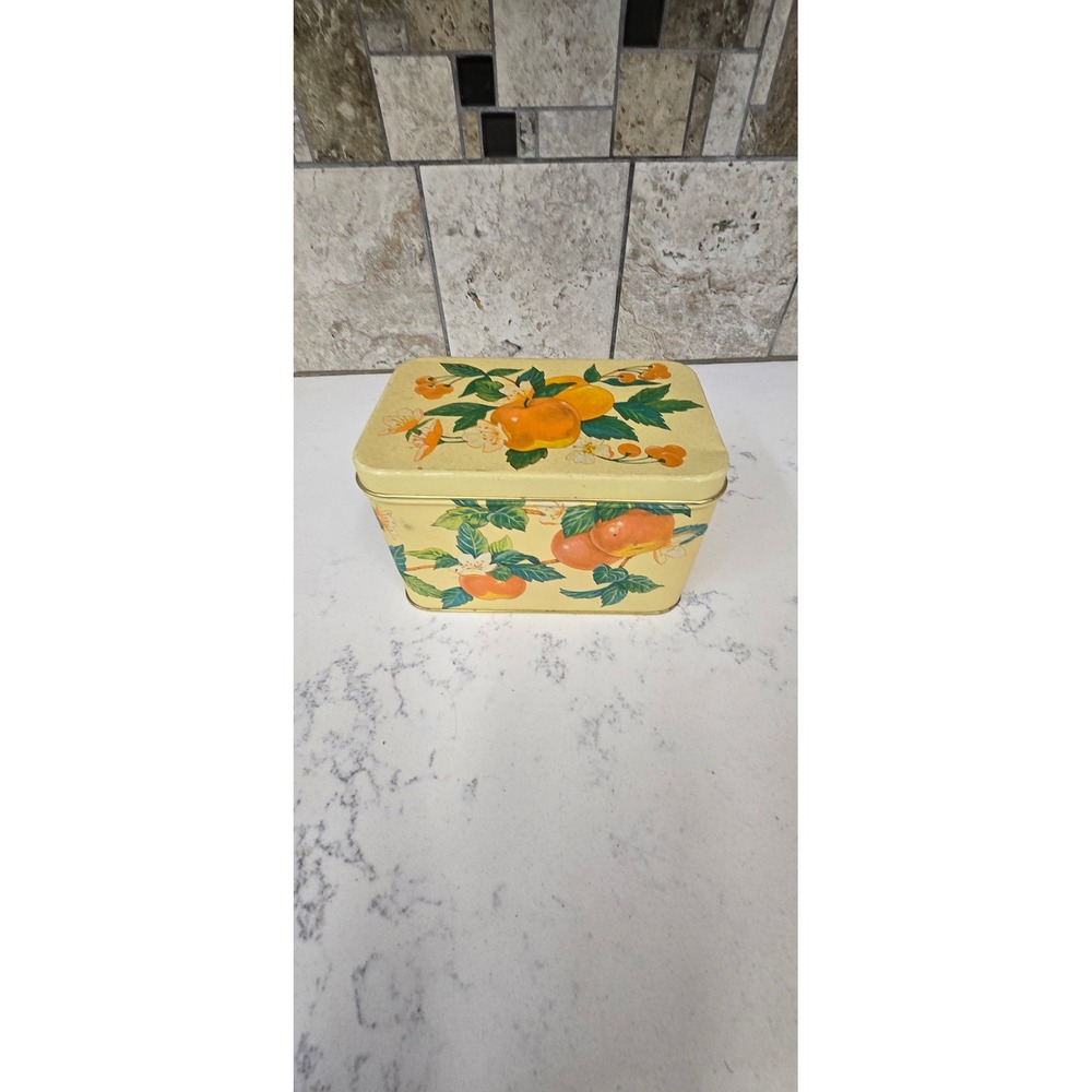 Vintage 1982 Current Inc Fruit Festival Metal Tin Orange Floral Storage Box